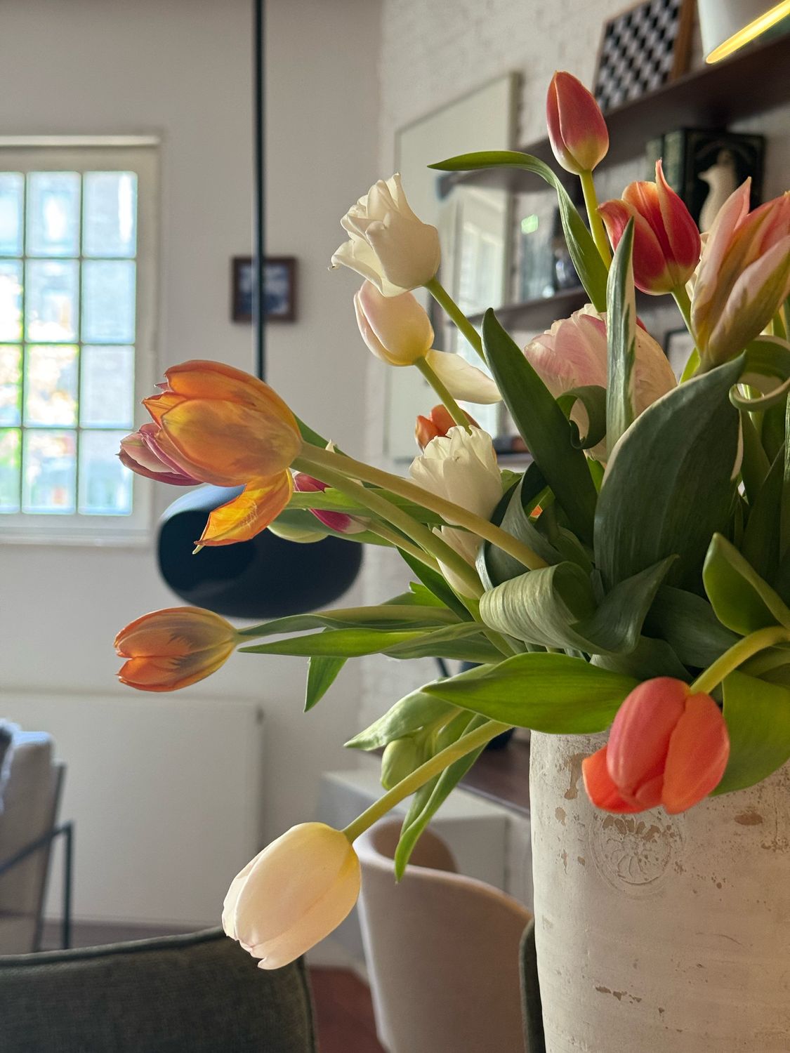 A full vase of orange, pink and white Dutch tulips catching the window light in the living room of Waal